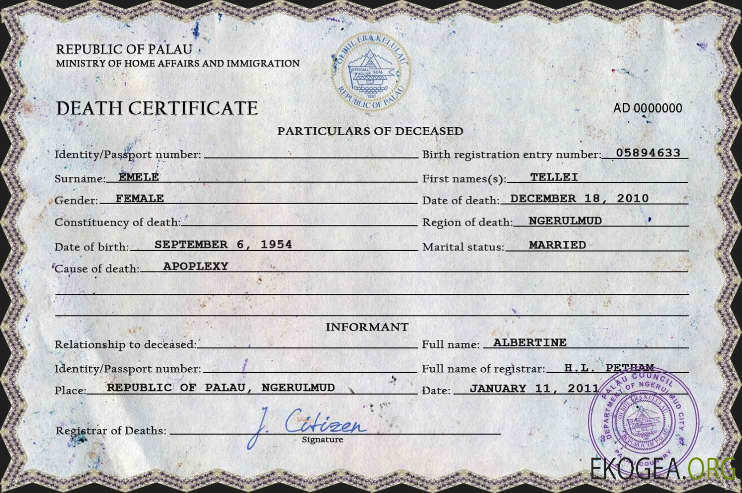 Modèle PSD de certificat de décès des Palaos